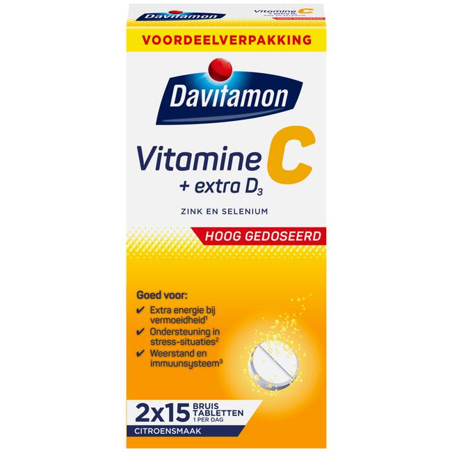 Davitamon Vitamine C Hoog Gedoseerd + Extra Vitamine D3 Bruistabletten Voordeelverpakking 30 stuks