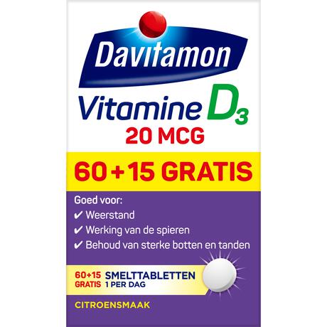 Davitamon Vitamine D3 20 MCG Smelttabletten 60+15 stuks