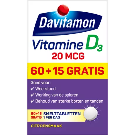 Davitamon Vitamine D3 20 MCG Smelttabletten 60+15 stuks