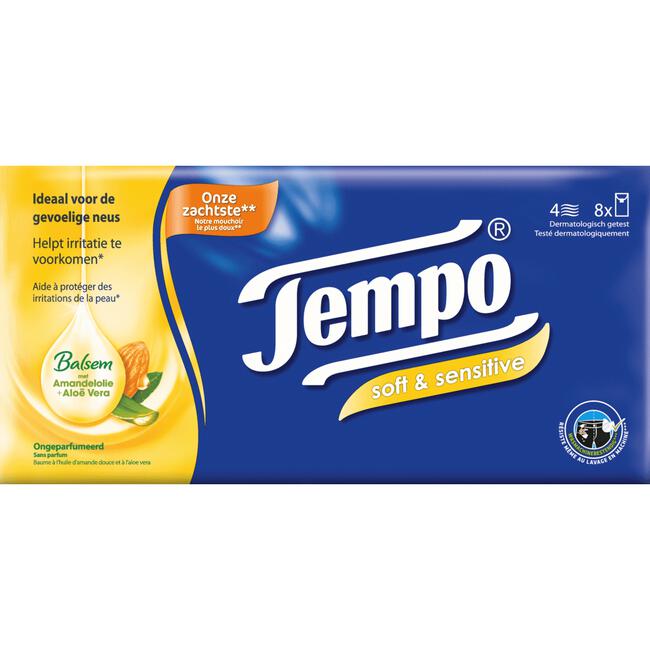 Tempo Plus Sensitive Skin 4-Laags Zakdoekjes 8 pakjes