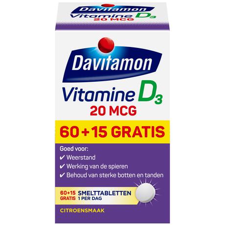Davitamon Vitamine D3 20 MCG Smelttabletten 60+15 stuks