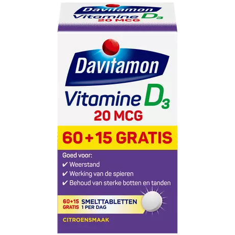 Davitamon Vitamine D3 20 MCG Smelttabletten 60+15 stuks