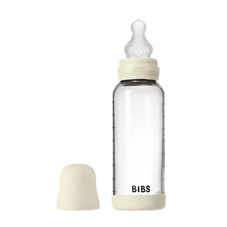 BIBS Babyfles Glas Medium Flow Silicone Ivory incl. opvouwbaar trechtertje 240 ML
