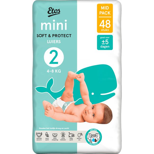 Etos Luiers Mini Maat 2 4-8 kg Mid Pack 48 stuks