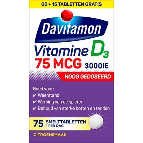 Davitamon Vitamine D3 75 mcg Smelttabletten 60+15 stuks