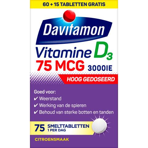 Davitamon Vitamine D3 75 mcg Smelttabletten 60+15 stuks