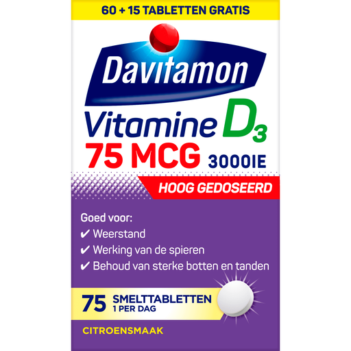 Davitamon Vitamine D3 75 MCG Smelttabletten 60+15 stuks