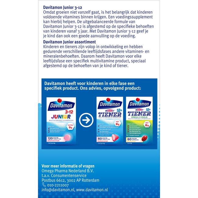 Davitamon Junior 3+ Multivitamine Kinderen 120 Kauwvitamines Frambozensmaak