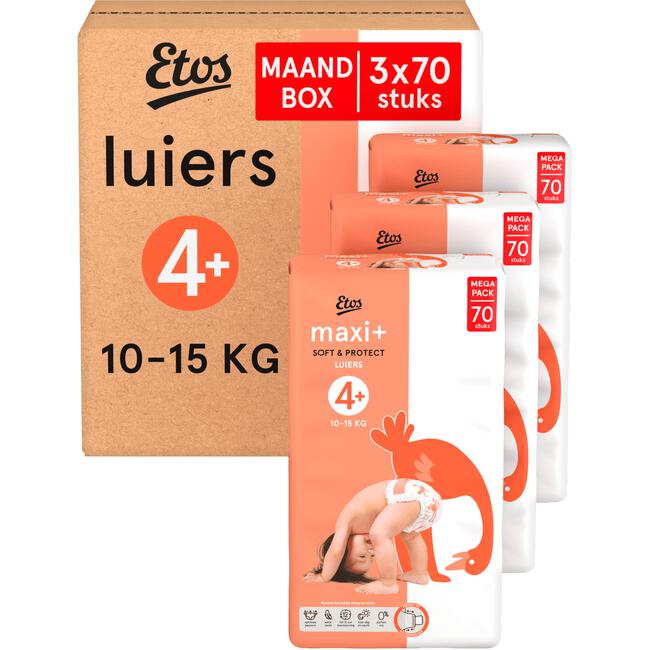 Etos Luiers Maxi+ Maat 4+ 1-15 kg Maandbox 210 stuks