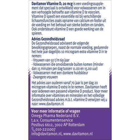 Davitamon Vitamine D3 20 MCG Smelttabletten 60+15 stuks