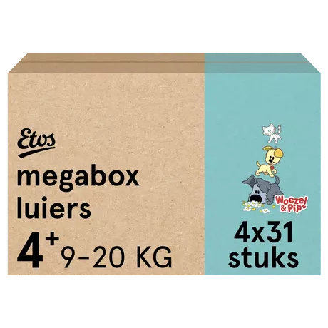 Etos Woezel & Pip Luiers Maxi+ Maat 4+ 9-20 kg Megabox 124 stuks