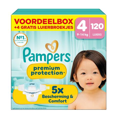 Pampers Premium Protection Voordeelbox Luiers Maat 4 9-14 kg 120 stuks + 4 Gratis Luierbroekjes