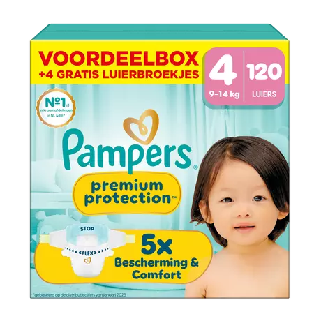 Pampers Premium Protection Voordeelbox Luiers Maat 4 9-14 kg 120 stuks + 4 Gratis Luierbroekjes