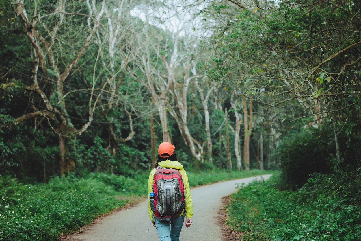 Vrouw die aan het wandelen is in het bos