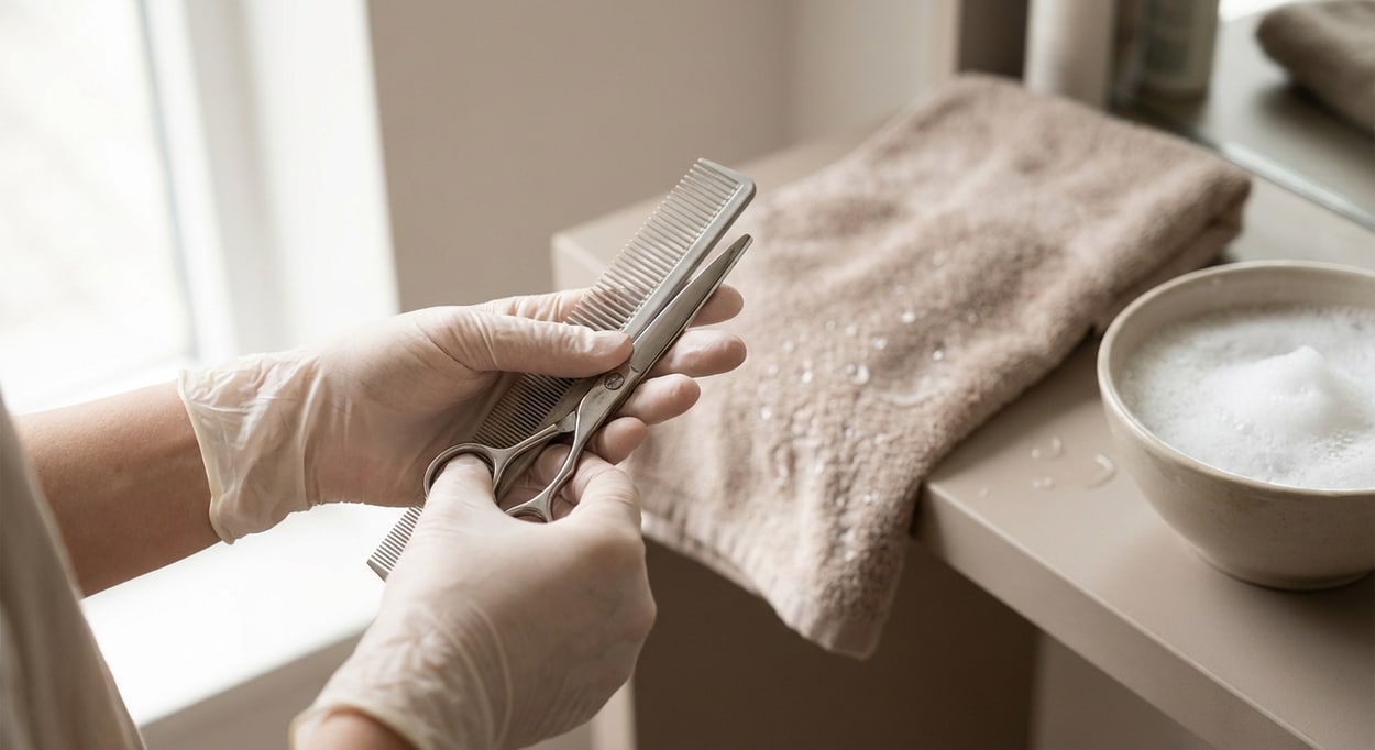 Handen van een kapper die een schaar vasthoudt en handschoenen aan heeft