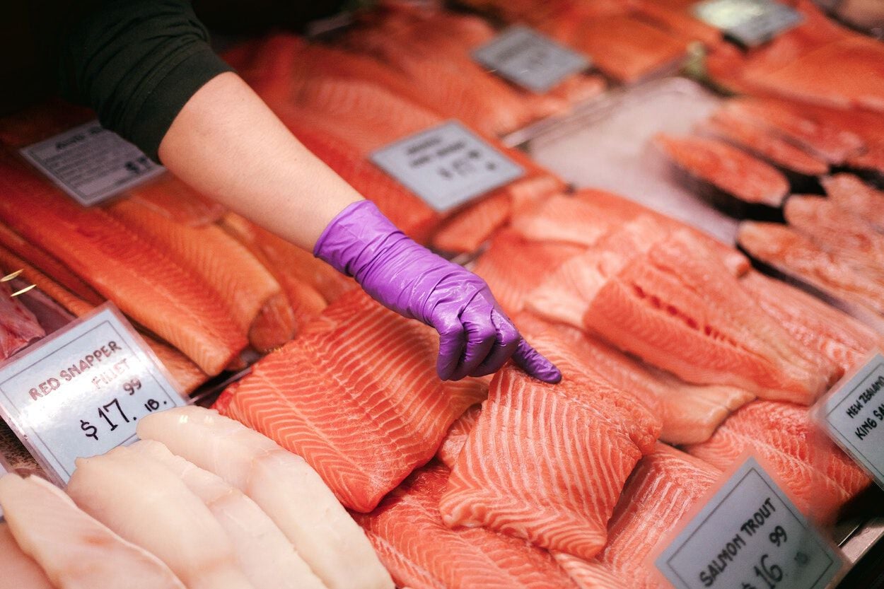 Stukken zalm op een markt. Ze bevatten veel Omega 3 en 6.