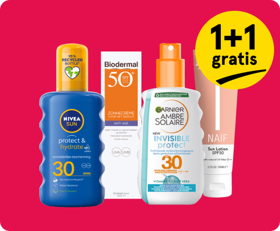 Heel veel zonbescherming 1+1 gratis