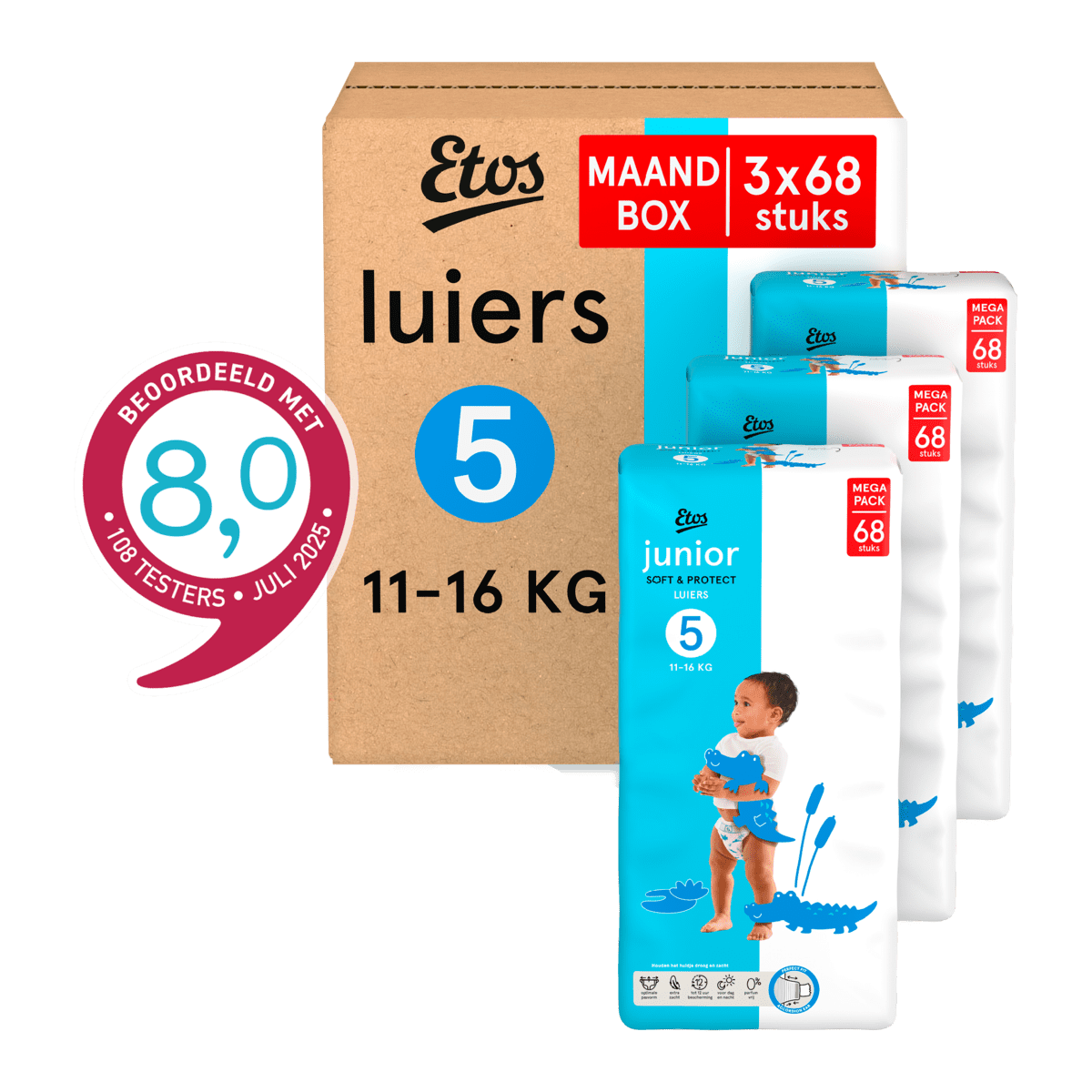 Etos Luiers Junior Maat 5 11-16 kg Maandbox 204 stuks