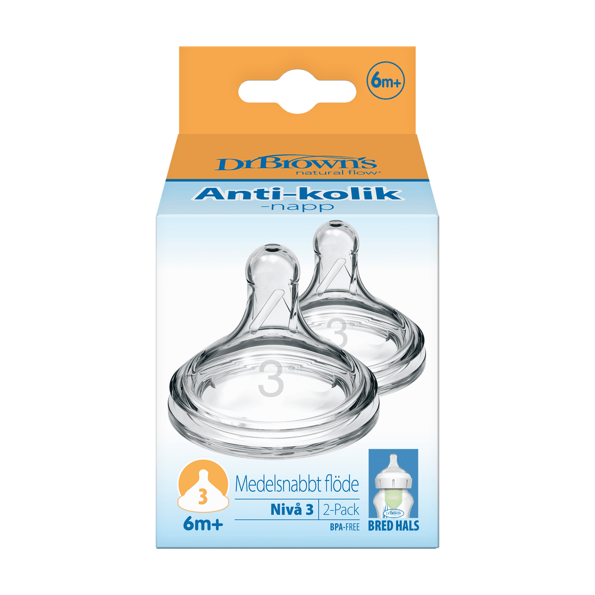Dr. Brown’s Flesspeen Fase 3 6+ Maanden Brede Halsfles 2 stuks