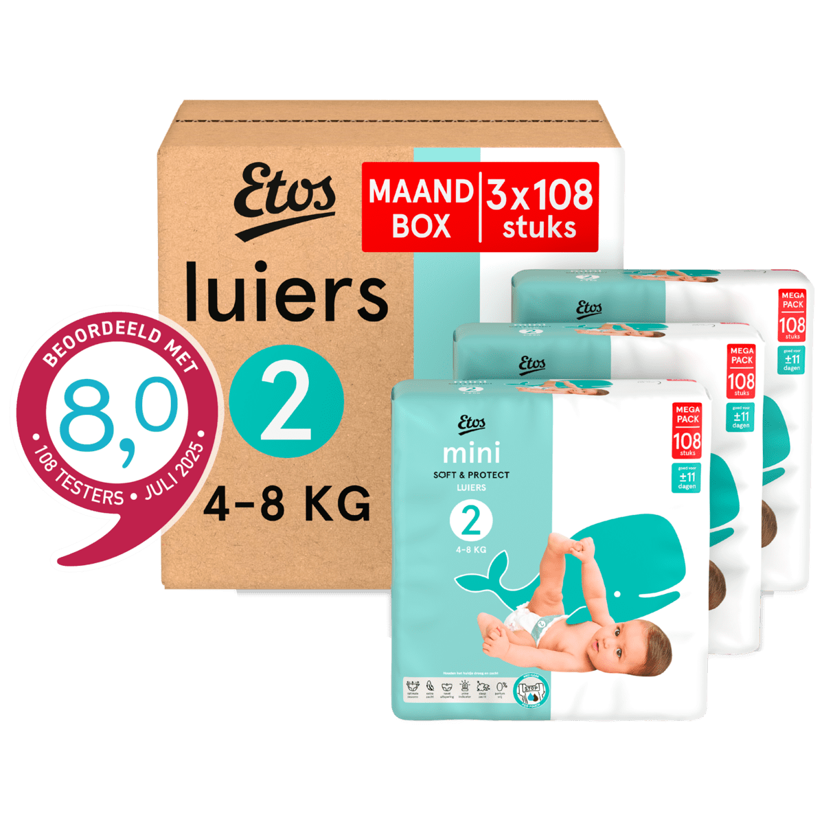 Etos Luiers Mini Maat 2 4-8 kg Maandbox 324 stuks