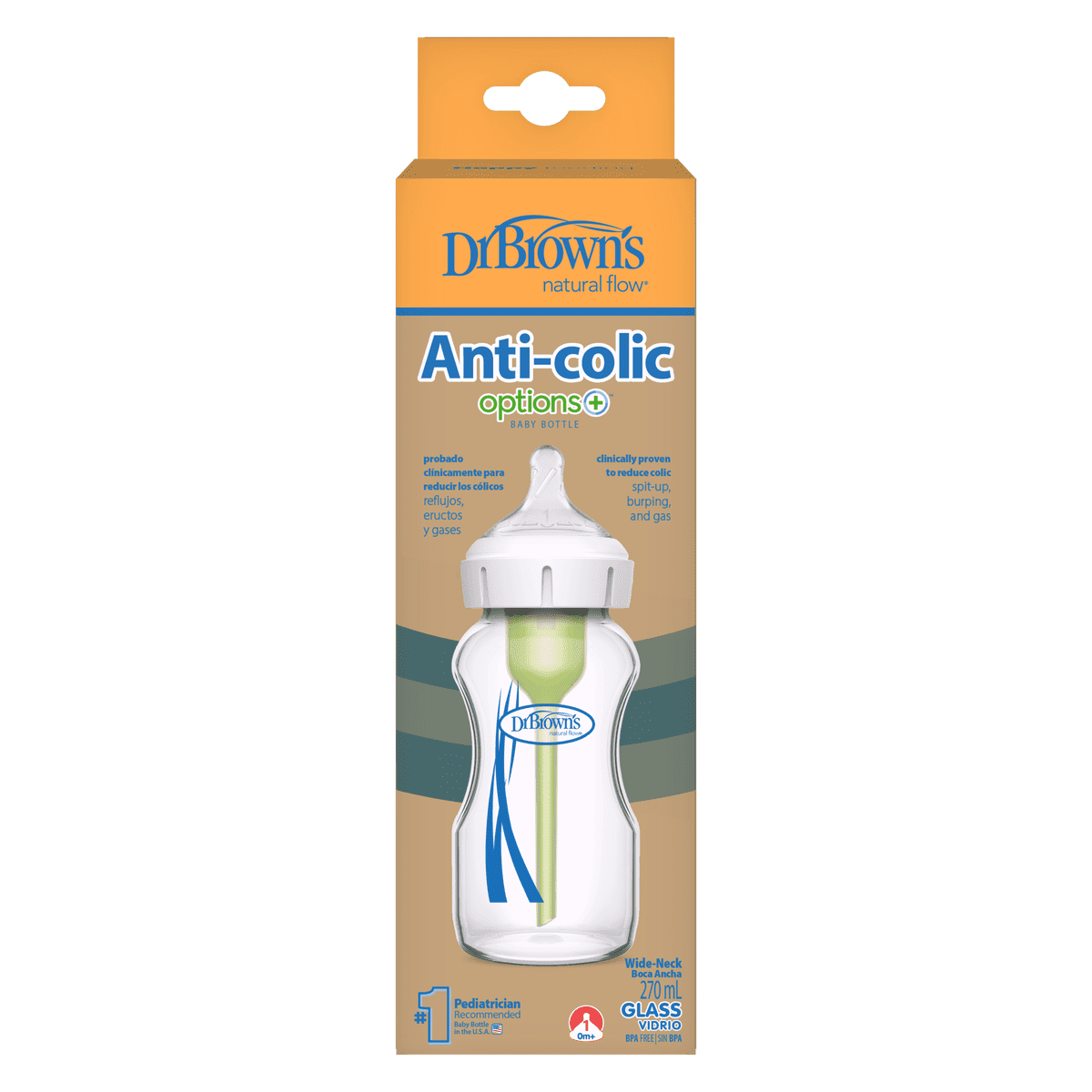Dr. Brown’s Options+ Anti-Colic Brede Halsfles Glas 270 ML