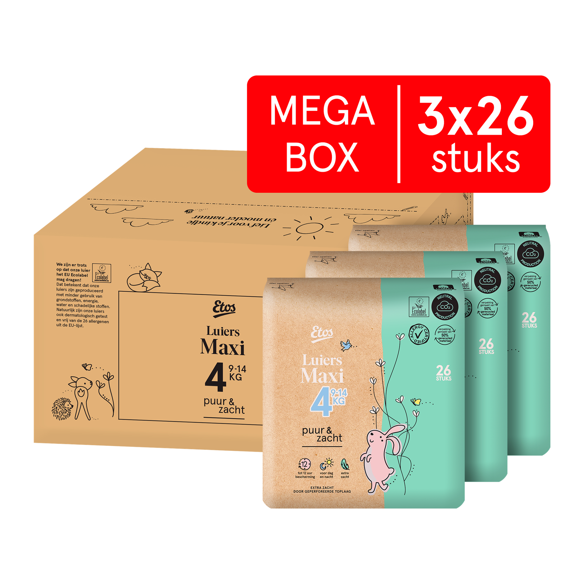 Etos Puur & Zacht Luiers Maxi Maat 4 9-14 kg Megabox 78 stuks
