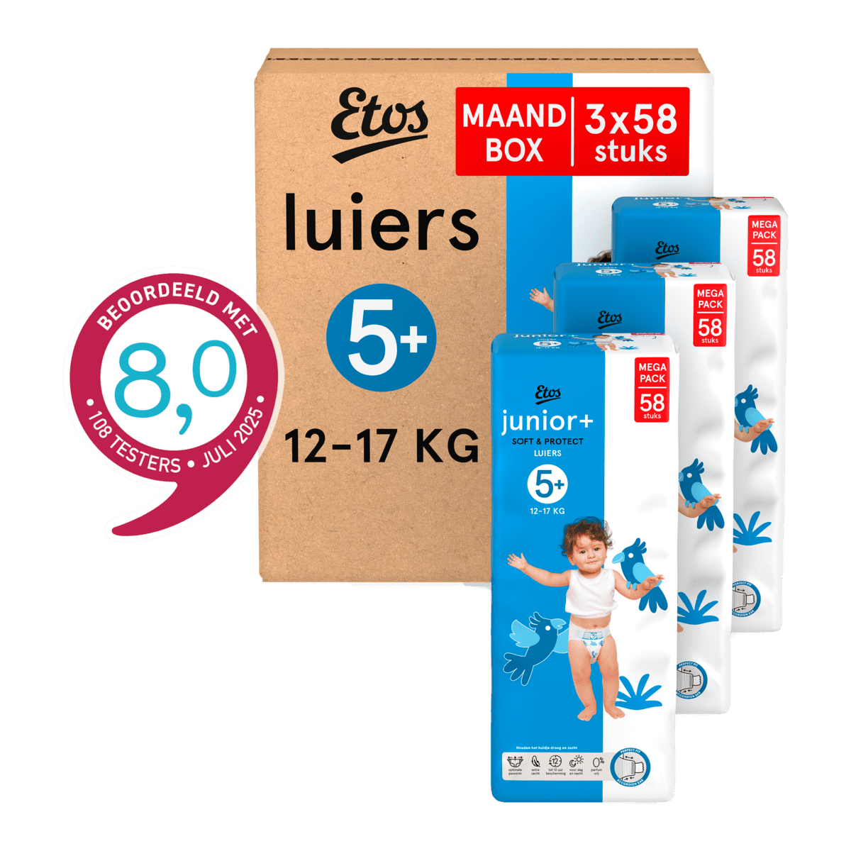 Etos Luiers Junior+ Maat 5+ 12-17 kg Maandbox 174 stuks