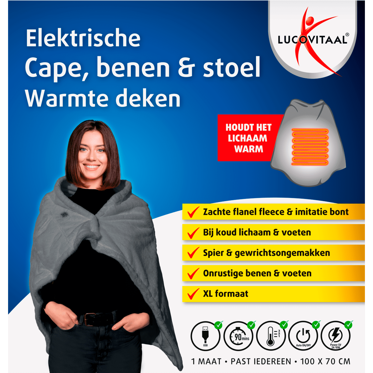 Lucovitaal Elektrische Cape, Benen & Stoel Warmte Deken 100x70 cm