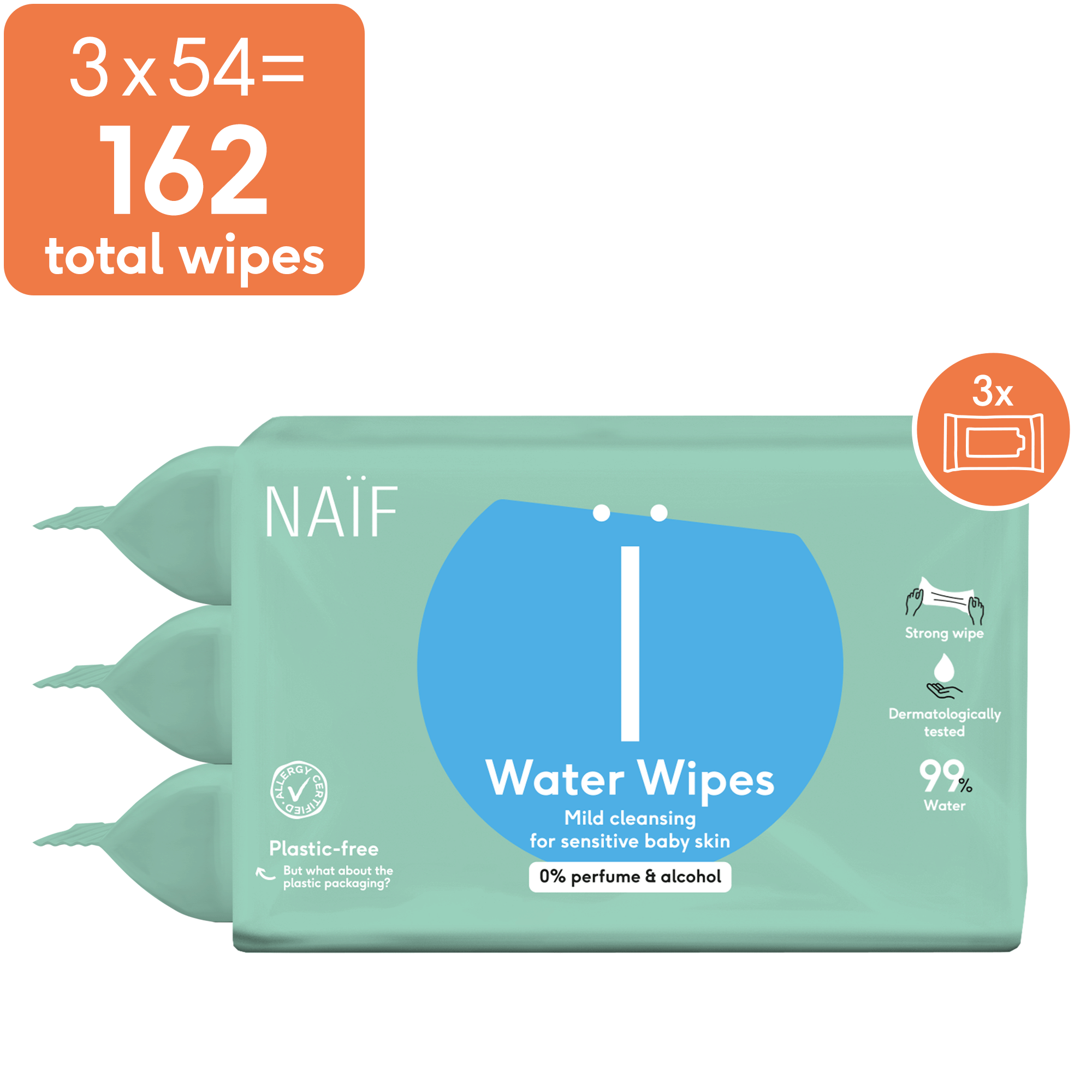 Naïf Plasticvrije Water Billendoekjes 3x54 stuks