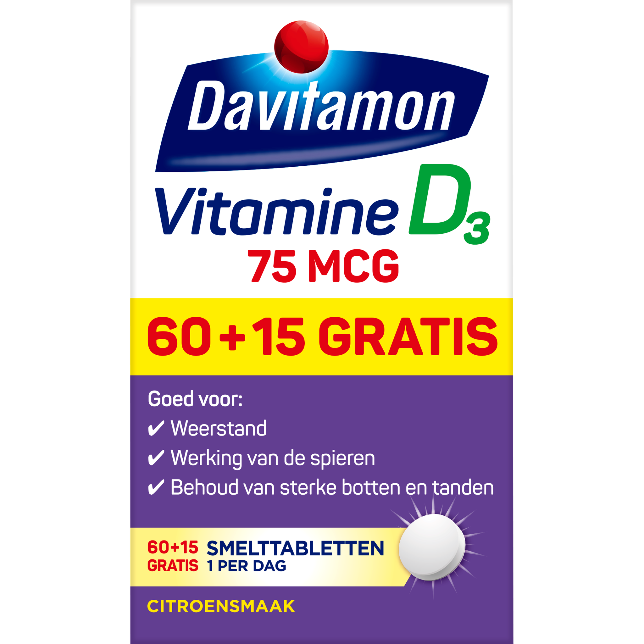 Davitamon Vitamine D3 75 MCG Smelttabletten 60+15 stuks