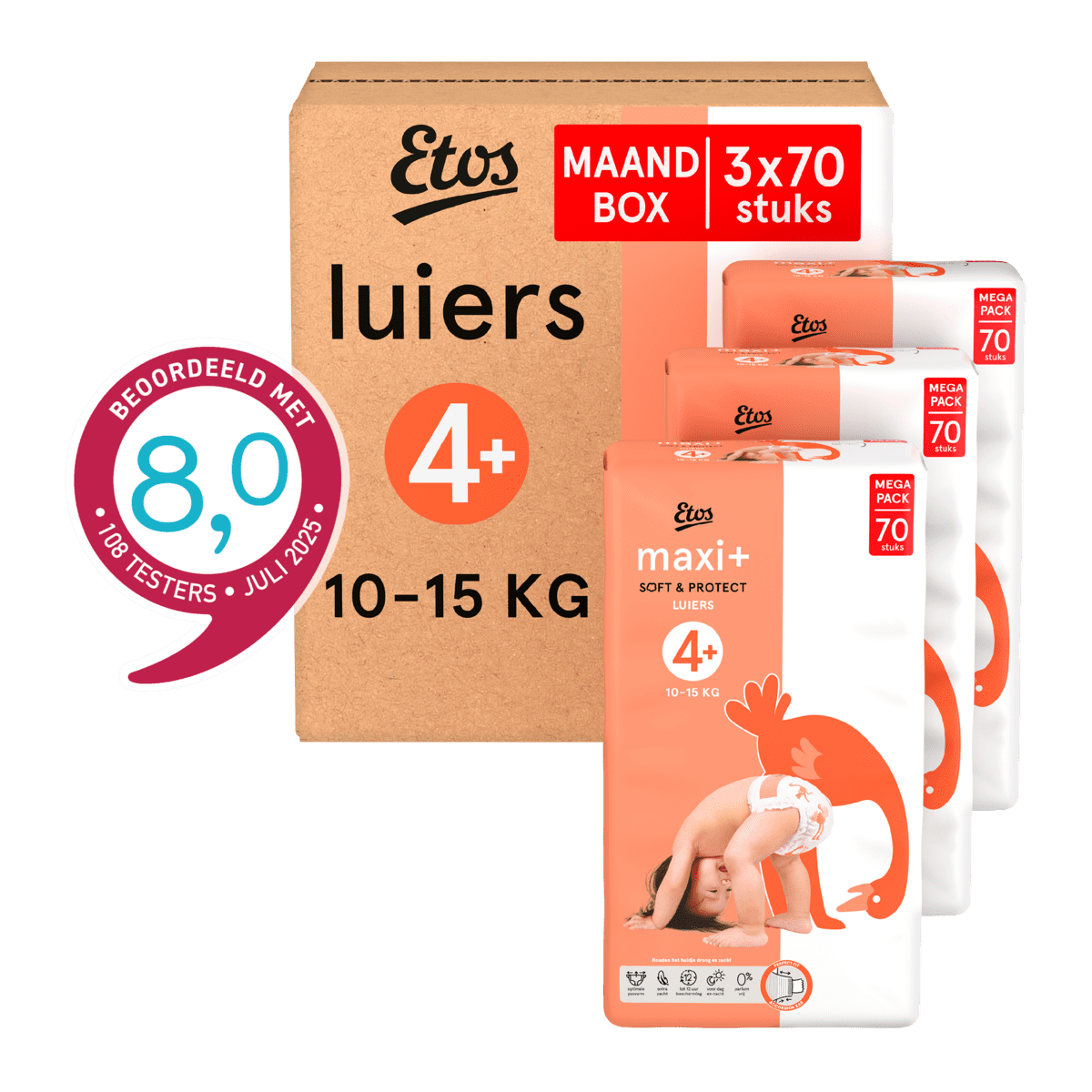 Etos Luiers Maxi+ Maat 4+ 10-15 kg Maandbox 210 stuks