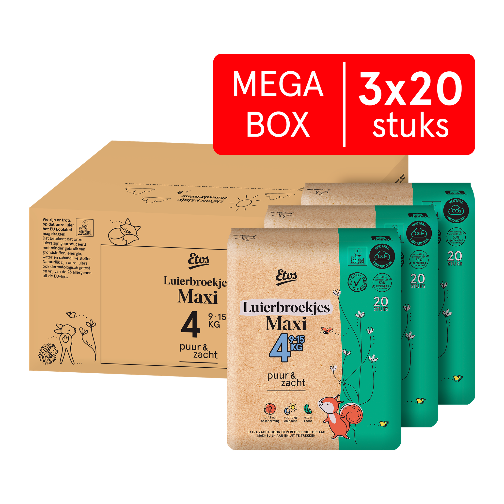 Etos Puur & Zacht Luierbroekjes Maxi Maat 4 9-15 kg Megabox 60 stuks