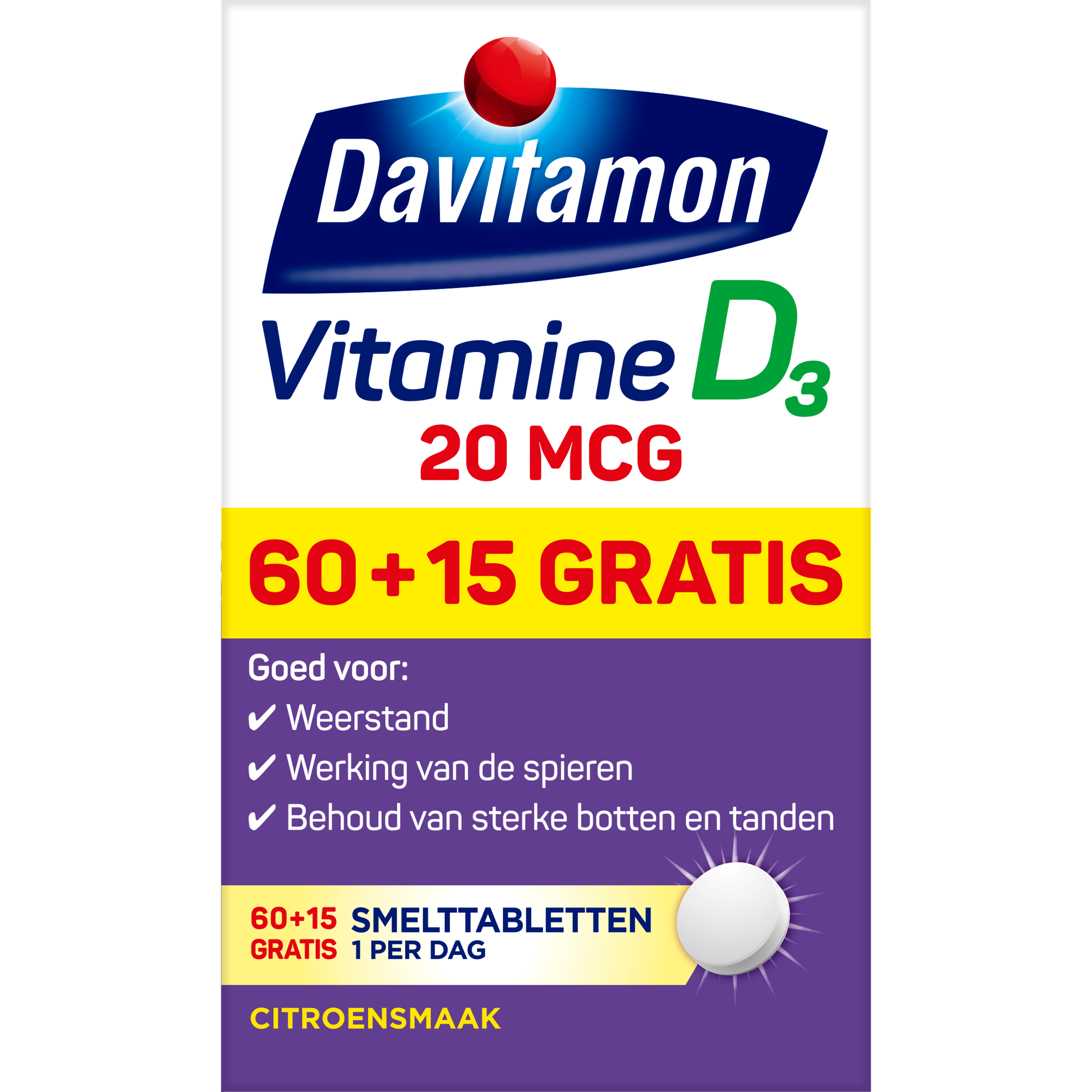 Davitamon Vitamine D3 20 MCG Smelttabletten 60+15 stuks