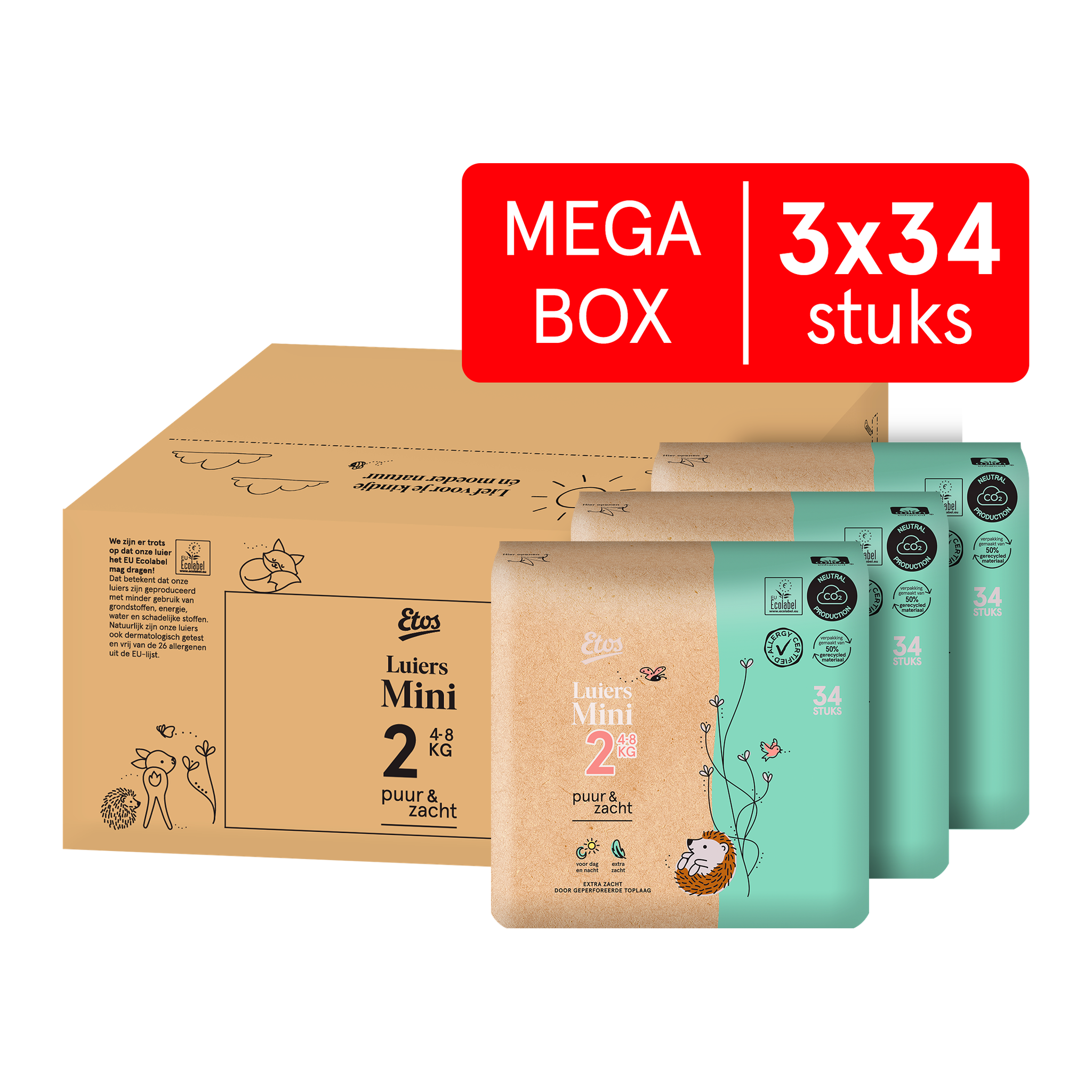 Etos Puur & Zacht Luiers Mini Maat 2 3-6 kg Megabox 102 stuks