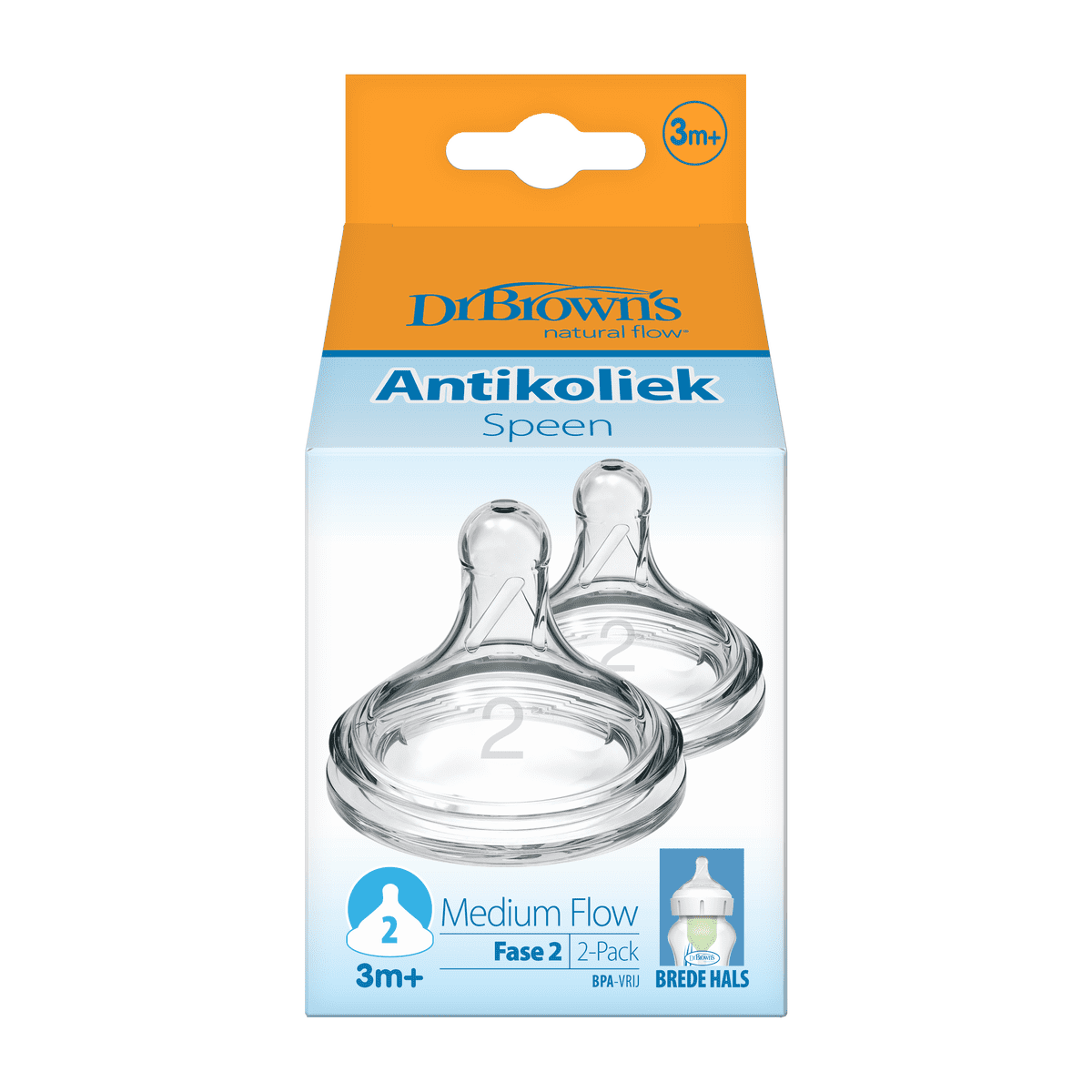 Dr. Brown’s Flesspeen Fase 2 3+ Maanden Brede Halsfles 2 stuks