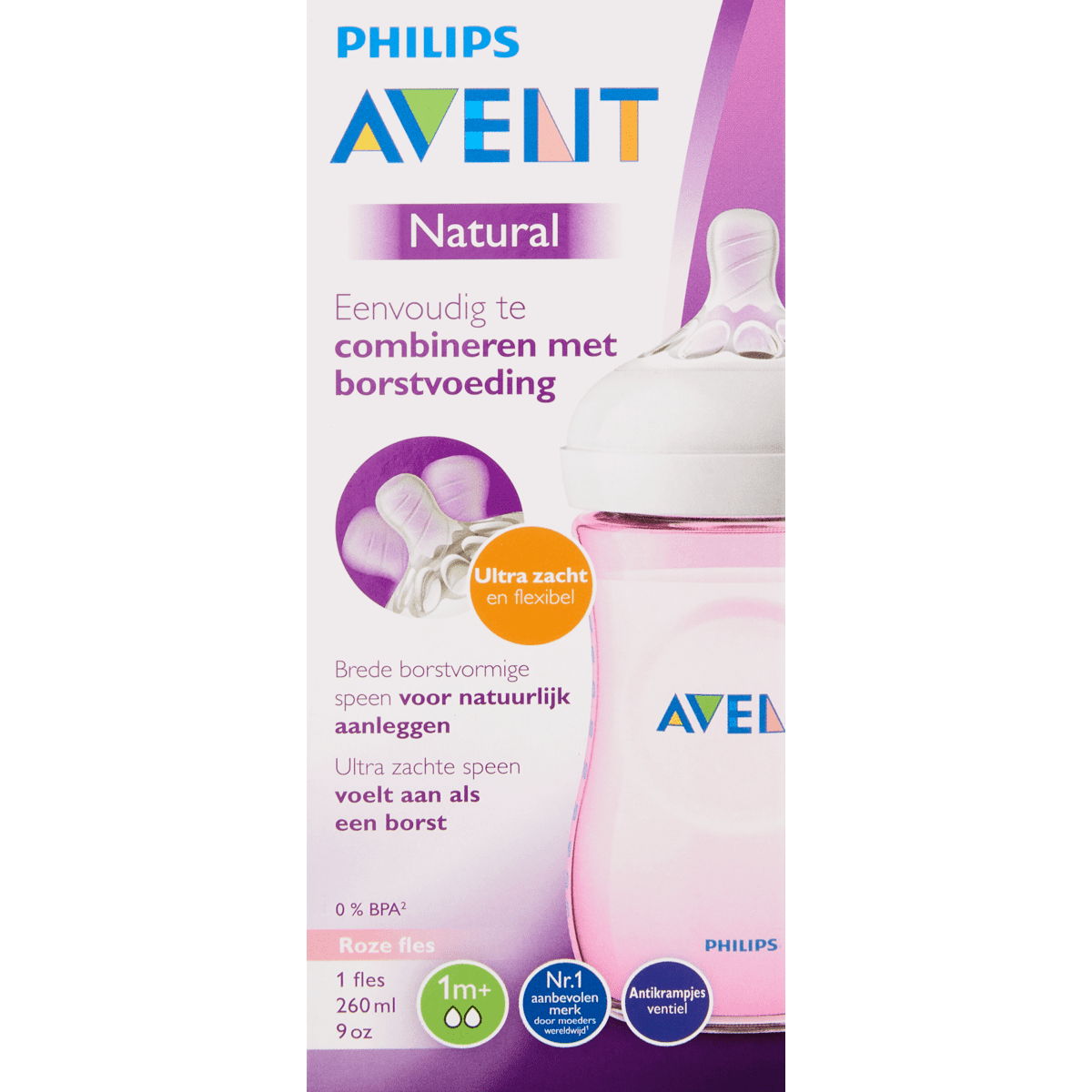 Philips Avent Natural Fles 260 Ml Roze 260 Ml Etos
