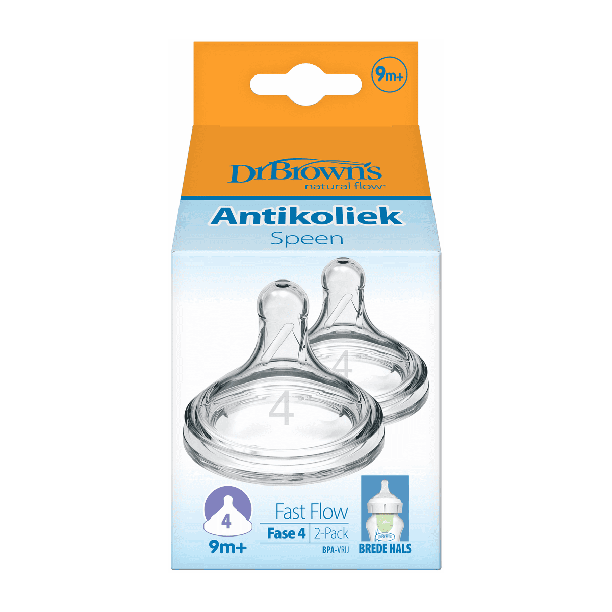 Dr. Brown’s Flesspeen Fase 4 9+ Maanden Brede Halsfles 2 stuks